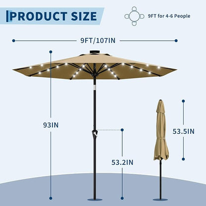 Garvee 9FT Solar Patio Umbrella Outdoor Umbrella with 32 LED Lights | Crank Lift, Push Button Tilt & 8 Sturdy Ribs, UV Resistant Waterproof Market Umbrella for Pool, Yard, Garden(Tan)