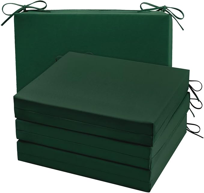 Cozyide Outdoor Chair Cushions, Waterproof Patio Seat Cushions with Adjustable Straps, Square Corner Patio Chair Cushions for Garden, Dark Green, 18.5x16x3 Inch (Pack of 4)
