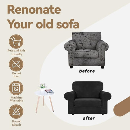 WEERRW Velvet Stretch 2 Pieces Chair Sofa Slipcovers Washable, Black | Armchair Slipcovers Luxury Soft Velvet Plush Furniture Protector Couch Cover with Elastic Bottom for Kids Pets, Small