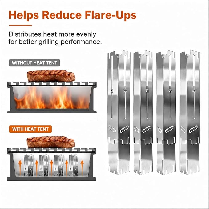 4 Pack Adjustable Stainless Steel Grill Heat Plates, Universal 14"–21.5" Heat Tent Shield, Burner Cover Flavorizer Bars for Gas Grill Replacement Parts