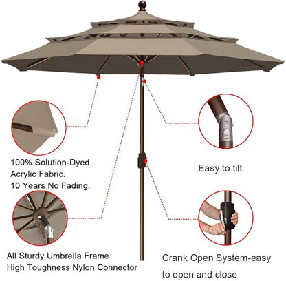 EliteShade USA 10-Year-Non-Fading 9ft 3-Tier Market Patio Umbrella, Commercial Grade Outdoor Table Umbrella with Crank Open, Windproof & UPF 50+ UV Protection, Heavy Duty Ventilation for Garden, Deck, Pool, Backyard, Beach & Bistro, Mushroom