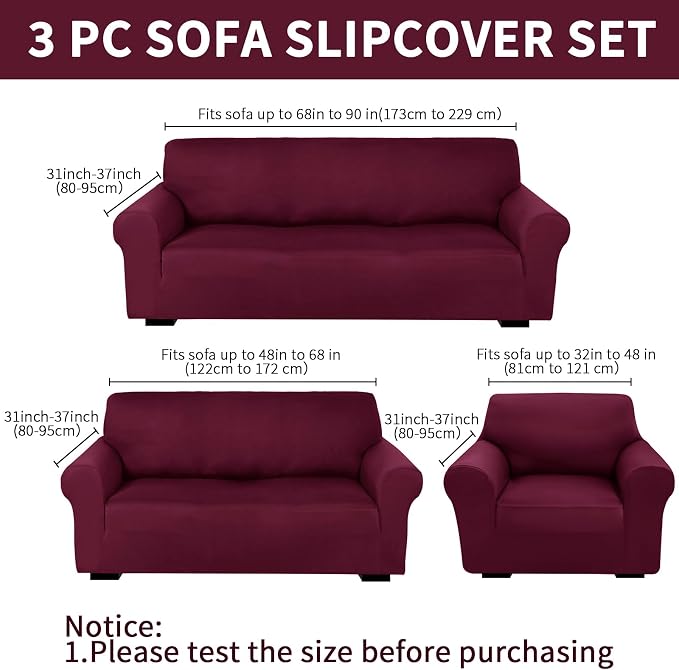 Peryiter 3 Pcs Couch and Loveseat Sofa Covers,Burgundy,Milk Silk | Armchair Covers for Living Room, Sofa Cushion Slipcover, Furniture Protector, Polyester and Spandex, Washable