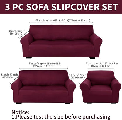 Peryiter 3 Pcs Couch and Loveseat Sofa Covers,Burgundy,Milk Silk | Armchair Covers for Living Room, Sofa Cushion Slipcover, Furniture Protector, Polyester and Spandex, Washable