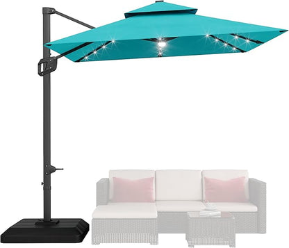 GarveeLife 10 ft x 10 ft Heavy Duty Cantilever Patio Umbrella with Solar LED Lights & Weighted Base, 2-Tier Square Aluminum Offset Umbrella with 360-Degree Rotation for Backyard, Deck, Pool, Turquoise