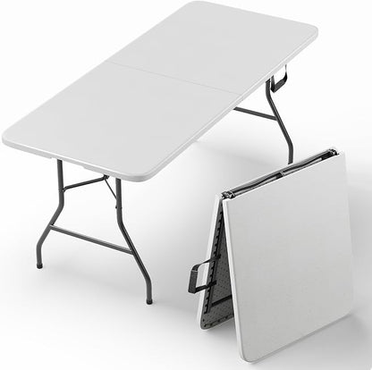 Folding Table, 6FT Foldable Picnic Table with Carrying Handle, Heavy Duty Fold-in-Half Portable Table for Weddings, Camping, RV Travel, Parties, BBQs, and Indoor Use, Easy to Fold and Store, White