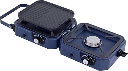 2-Burner Foldable Cetro Camping Stove CFBM PF-1921 with Griddle Portable Propane Camp Stove with 2 Adjustable Burners Piezo Ignition