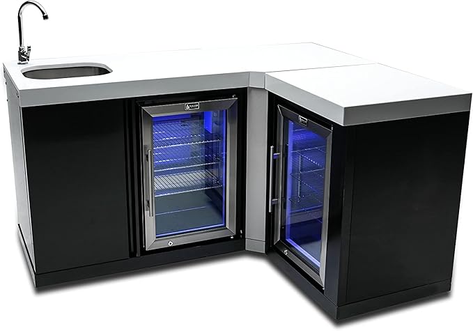 Mont Alpi MA-BEVBSS90FC Bar Series 90 Degree Corner Black Stainless Steel Double Outdoor Rated Refrigerator Wine Cooler Beverage Center Granite Countertops with Blue LED Lighting + Faucet & Sink