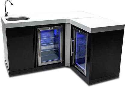 Mont Alpi MA-BEVBSS90FC Bar Series 90 Degree Corner Black Stainless Steel Double Outdoor Rated Refrigerator Wine Cooler Beverage Center Granite Countertops with Blue LED Lighting + Faucet & Sink