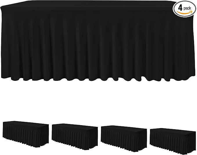 4 Pack Black Spandex Table Covers 8ft Rectangle Ruffle Skirts for Party | Elastic Table Covers 8 Foot, Pleated Fitted Table Cloths, Wrinkle Resistant Elegant Table Skirts Wedding, Banquets