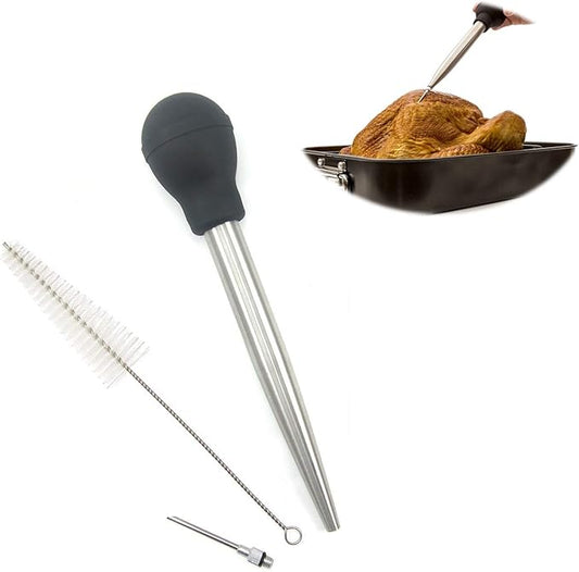 Stainless Steel Turkey Baster Syringe Rubber Bulb Manual Pump Injector with Needle and Cleaning Brush