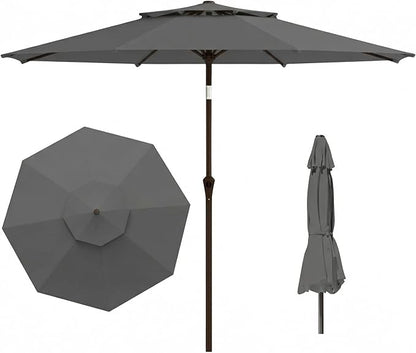 Outdoor Patio Umbrella, 2 Tiers Market Table Umbrella with 8 Sturdy Ribs, Push Button Tilt and Crank, UPF50+ UV Protection for Deck, Pool, Garden and Backyard
