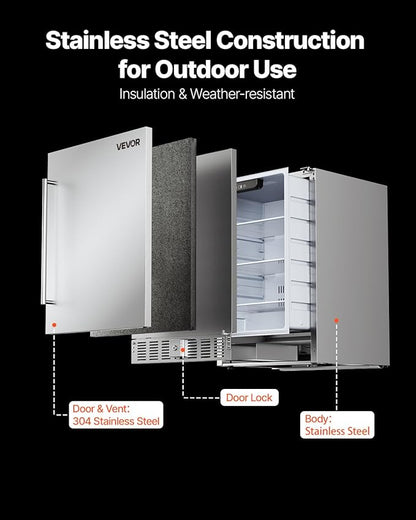 VEVOR 24-Inch Indoor/Outdoor Beverage Refrigerator, 150 QT Freestanding or Undercounter Beverage Fridge, 180 Cans Built-in Beer Fridge with Stainless Steel Body for Residential Home Bar Commercial Use