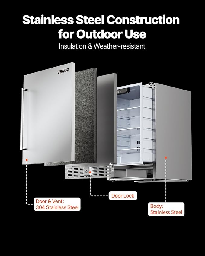 VEVOR 24-Inch Indoor/Outdoor Beverage Refrigerator, 150 QT Freestanding or Undercounter Beverage Fridge, 180 Cans Built-in Beer Fridge with Stainless Steel Body for Residential Home Bar Commercial Use