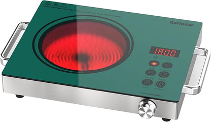 Karinear Portable Electric Stove 110V, 1800W Electric Hot Plate with Handle, Knob Control Single Burner Electri Cooktop, Ceramic Infrared Countertop Burner, Timer, Safety Lock(Green)