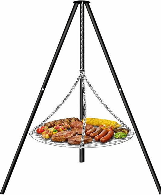 FEBTECH - 55" Steel Tripod Grilling Set - Camping Accessories For BBQ Grill Cooking - Camping Charcoal Grills Grate - Campfire Grill Grate Over Fire Pit with Tripod Stand