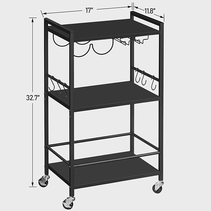 TUTOTAK Bar Cart with Wheels, Mini Drink Cart with Wine Rack & Glass Holder | 3-Tier 17 Inch Wide Home Bar Serving Carts, Small Mobile Kitchen Shelf with 6 Hooks, Black V1BC01BK035