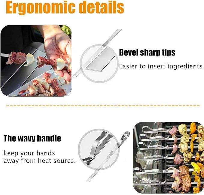 Fengzhe Kabob Skewers Stainless Steel 17-Inch BBQ Skewers with 2 Heavy-Duty Skewer Racks, Set of 10 Flat Metal Sticks & 2 Brushes, Reusable for Meat, Chicken, Vegetables, with Storage Bag