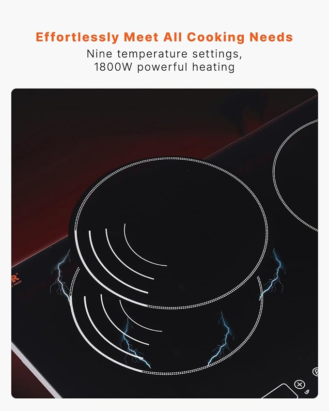 VEVOR Induction Cooktop, 1800W Electric Countertop Burner with 9 Power Settings, 2 Burner Touch Control Stove, Built-in Induction Cooktop, Include 99-Min Timer, Child Safety Lock, Glass Surface