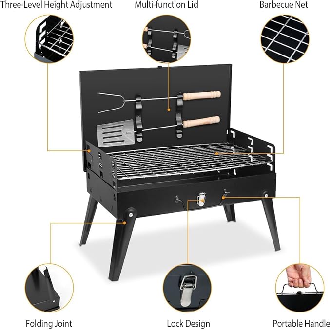 Portable Charcoal Grill - Foldable BBQ Suitcase with Shelf - Ideal for Camping Picnics and Garden Grilling