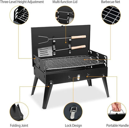 Portable Charcoal Grill - Foldable BBQ Suitcase with Shelf - Ideal for Camping Picnics and Garden Grilling