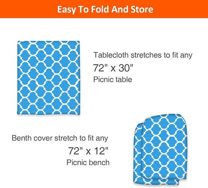 6ft 72in Picnic Table and Bench Cover, 3 Pack, Blue-White Moroccan | Waterproof, Windproof, Elastic Fitted Edges Tablecloth, for Rectangle Table & Seat, Camping Essentials RV Gear