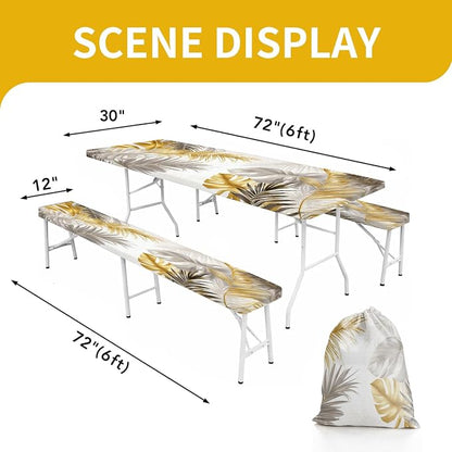 Picnic Table Cover with Bench Covers, 72 X 30 Inch Elastic Fitted Camping Tablecloth with Strap Design for 6FT Rectangle Tables, Windproof Outdoor Tablecloth Set with Storage Bag