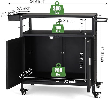 Outdoor Grill Cart with Storage Cabinet, Pizza Oven Stand Table with Wheels for Outside, Patio, Kitchen, Movable Outdoor Food Prep Table for Grill, BBQ
