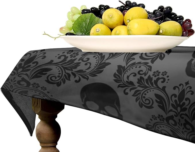 Gothic Black Damask Tablecloth, Vintage Floral Exotic Suger Skull Bohemian Antique Victorian Table Cloth Water Resistant Table Cover for Farmhouse Party Holiday Kitchen Dinner Table 55x55"