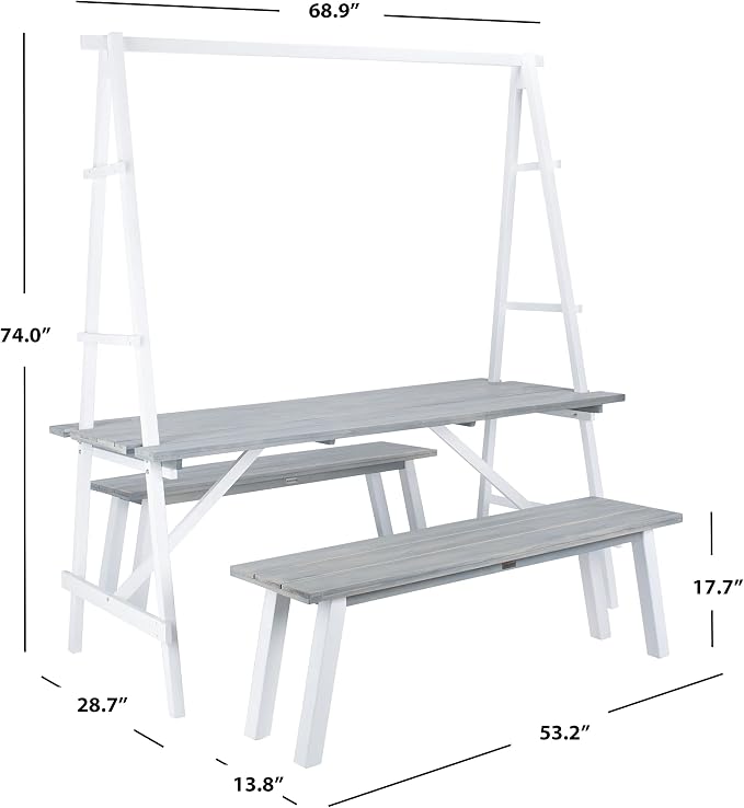 SAFAVIEH Outdoor Collection Willamy Ash Grey 3-Piece Dining Bench & Table Set