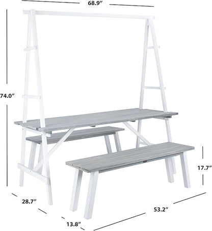 SAFAVIEH Outdoor Collection Willamy Ash Grey 3-Piece Dining Bench & Table Set