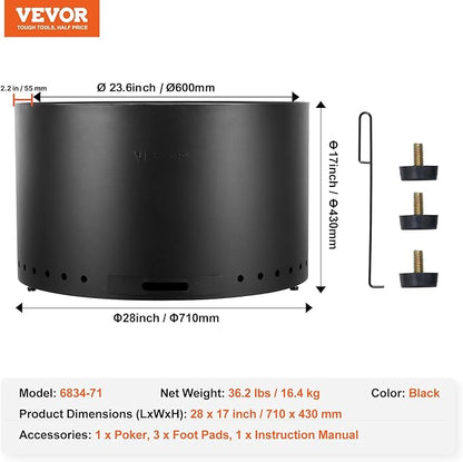 VEVOR Smokeless Fire Pit Stove Bonfire, H: 17 in x Dia: 28 in,Wood Burning Fireplaces with Removable Ash Pan, SUS430 Stainless Steel Inner Portable Outdoor Firepit,for Outdoor Patio Camping, Black