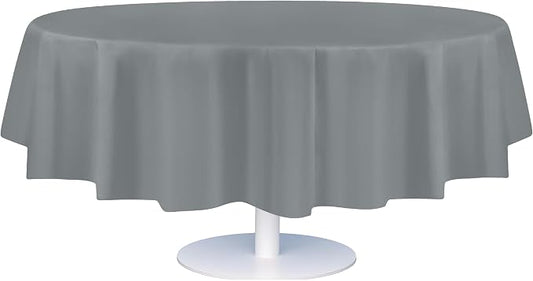 Grandipity 12 Pack Premium Disposable Plastic Tablecloth 84" Inch Decorative Round Table Cover - Silver