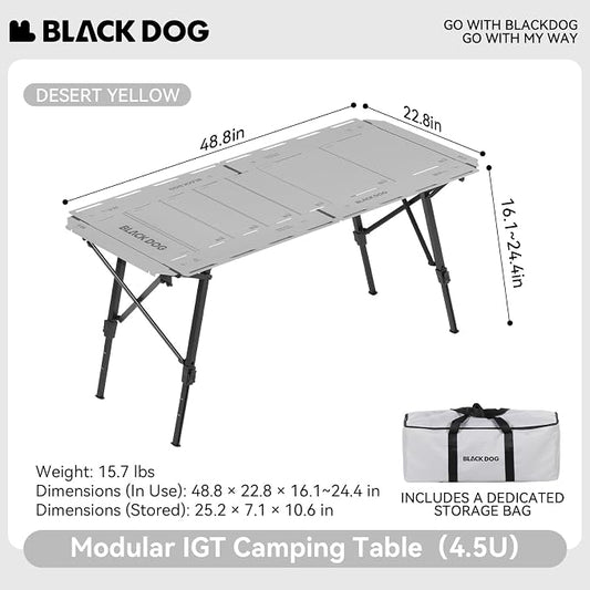 BLACKDOG 4.5U IGT Camping Table, Folding Portable Camp Table, Adjustable Height Aluminum Portable Table with Carry Bag for Outdoor, Pictic, Patio and Backyard 48.8" L x 22.8" W, Rock Grey