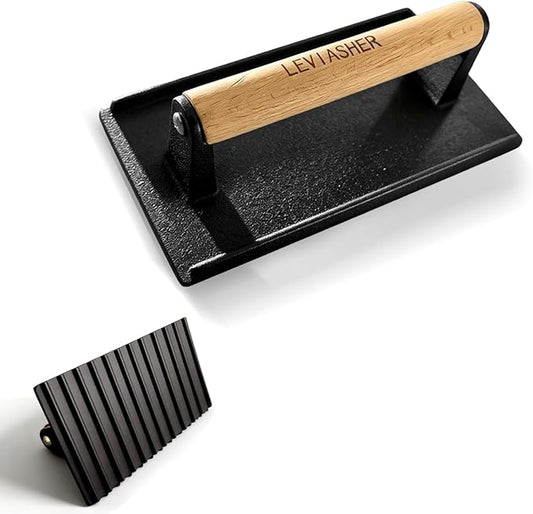 2.1lb Steak Weight & Burger Press, Striped Base, 7"X4" Rectangle Heavy Duty Cast Iron Grill Press with Wood Handle for Blackstone, Chef, Camp, Panini, Vegetable, Bacon, Sandwich, BBQ