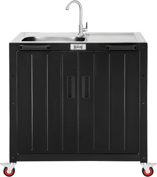 Feasto Outdoor Kitchen Island with Stainless Steel Sink and Storage Cabinet, 35-Inch BBQ Prep Station with Faucet & Lockable Wheels for Patio, Backyard, and Outdoor Cooking, Black & Silver