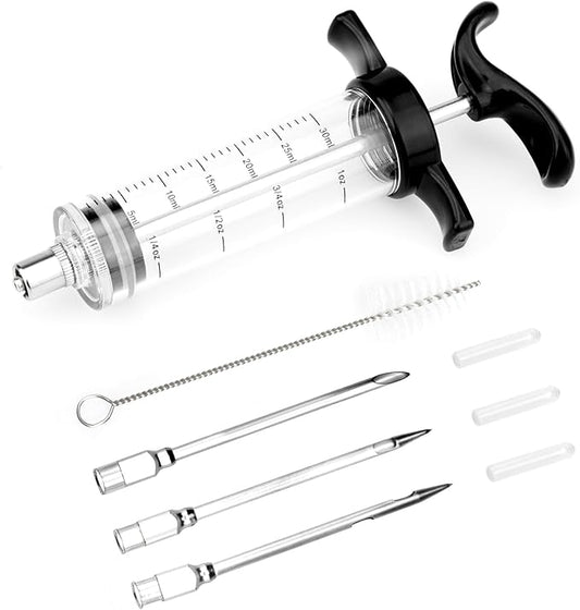 Turkey Meat Injector Syringe Kit with 3 Marinade Needles for BBQ Grill Smoker, 1 Cleaning Brush, 1 Oz/30 ml Large Capacity Injector Marinades for Meats Black