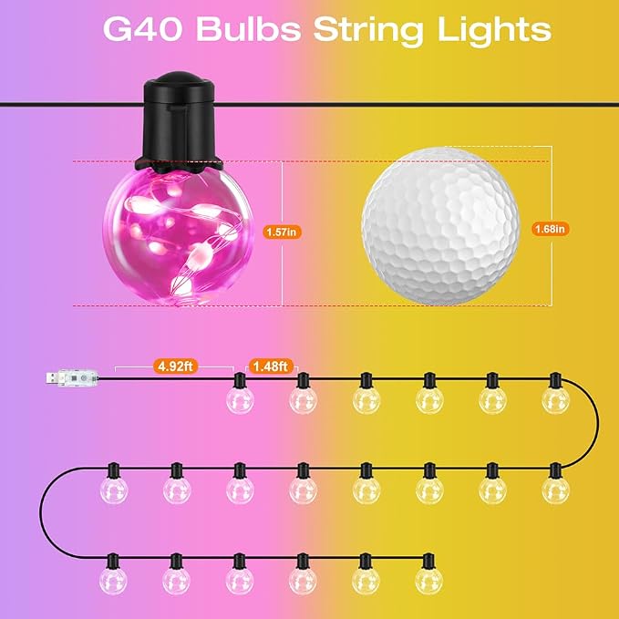 Outdoor String Lights USB Plug-in,30ft 20 Color Changing LED Bulbs | 220+ Scene Modes, Dimmable, Remote & App Control, Shatterproof Globe Bulb Waterproof for Patio Backyard Balcony Bistro Decor
