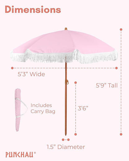 6 Ft Fringe Patio Umbrella - Outdoor Umbrella for Patio, Pool, Table, Garden, Deck, Beach, and Outdoors - Fashionable Boho Vintage Tassels & Wood Print - Push Button Tilt Pole