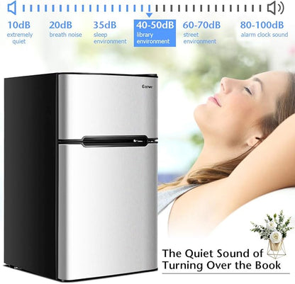 COSTWAY 3.2 Cu.ft. Mini Fridge with Freezer for Bedroom, Dorm, Office | Small Compact Refrigerator with Reversible 2-Door, Adjustable Temperature, LED Lights, Removable Glass Shelves, Grey