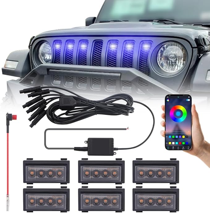 6PCS Grill Lights Compatible with Jeep Wrangler 2018-2023, APP Control 8 Lighting Modes Front Bumper Grille Light Daytime Running Light LED Marker Lamp Accessories (RGB)