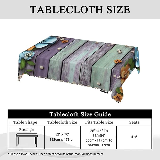 Swono Pearls Table Cloth Old Wooden Flowers Pearls and Lace Rectangle Tablecloth Picnic Table Cover BBQ Table Cloths Polyester for Kitchen Home Camping Patio 50x72 Inch