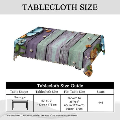 Swono Pearls Table Cloth Old Wooden Flowers Pearls and Lace Rectangle Tablecloth Picnic Table Cover BBQ Table Cloths Polyester for Kitchen Home Camping Patio 50x72 Inch
