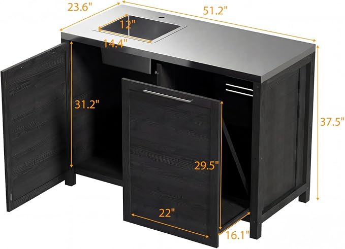 MOUMON Patio Kitchen Sink Cabinet with Stainless Steel Countertop, Patio Prep Table with Trash Bin Compartment, Outdoor Cooking Station, Sink not Included, Dark Grey 51.2”W x 23.6”D x 37.4”H