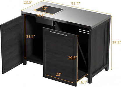 MOUMON Patio Kitchen Sink Cabinet with Stainless Steel Countertop, Patio Prep Table with Trash Bin Compartment, Outdoor Cooking Station, Sink not Included, Dark Grey 51.2”W x 23.6”D x 37.4”H