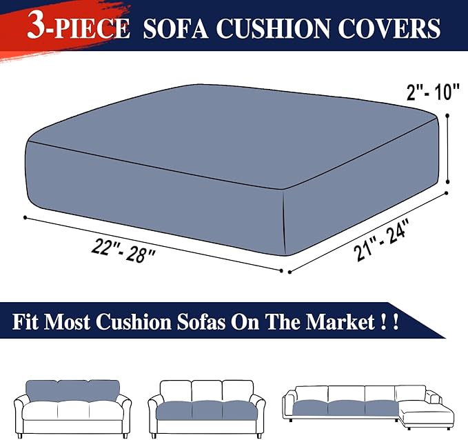 LA MEACK Couch Cushion Covers Seat Cushion Cover Stretch Couch Cover Separate Sectional Sofa Slipcovers Furniture Protector(3 Pieces for Seat or Sofa Backrest, Navy)