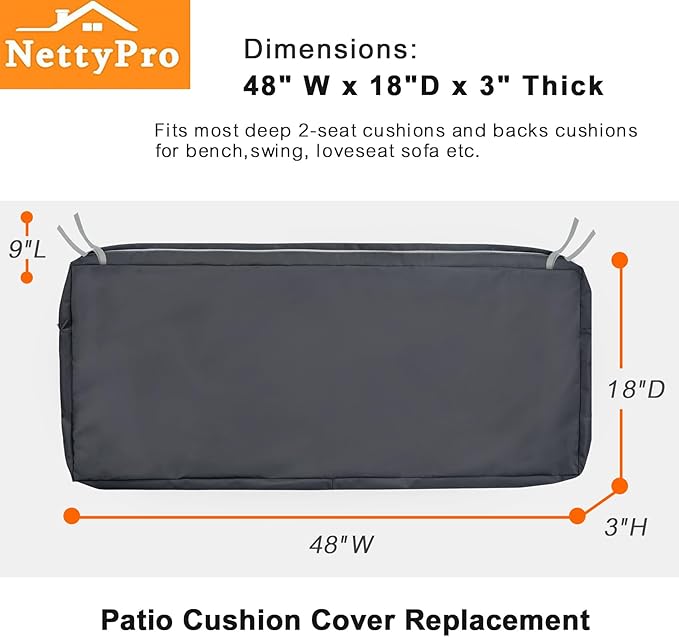 NettyPro Outdoor Patio Bench Swing Loveseat Cushion Cover, Water Resistant UV Protection Outside Furniture Cushion Slipcovers with Zipper, 48 x 18 x 3 Inch