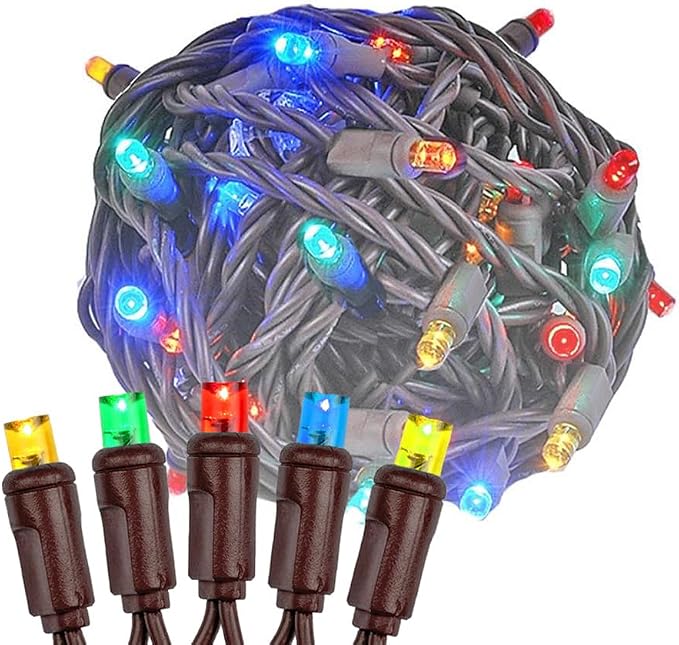 Novelty Lights 50ft 100 LED Multicolor Christmas String Lights, Brown Wire | UL Listed IP55 Commercial Grade Xmas Lights, 6 Inch Spacing, Dimmable, Connectable & Flicker Free For Outdoor & Indoor Use