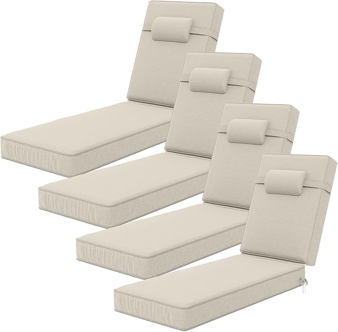 72 x 21 x 4 Inch Olefin Chaise Lounge Cushions, Lounge Chair Cushions with Headrest for Outdoor Furniture - Weather and Fade Resistant Patio Replacement Furniture Lounge Chair Cushion Set of 4