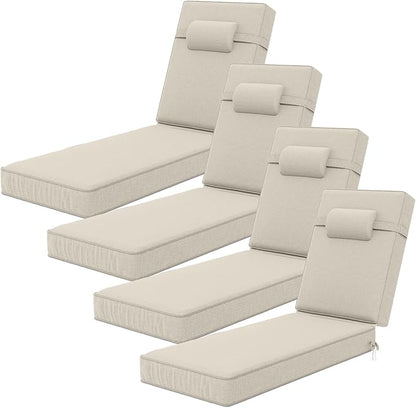 72 x 21 x 4 Inch Olefin Chaise Lounge Cushions, Lounge Chair Cushions with Headrest for Outdoor Furniture - Weather and Fade Resistant Patio Replacement Furniture Lounge Chair Cushion Set of 4