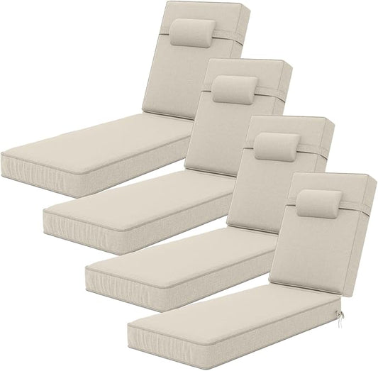 72 x 21 x 4 Inch Olefin Chaise Lounge Cushions, Lounge Chair Cushions with Headrest for Outdoor Furniture - Weather and Fade Resistant Patio Replacement Furniture Lounge Chair Cushion Set of 4